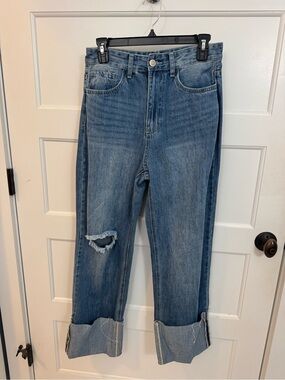 YMI Two-Tone Washed Blue Boyfriend Jeans with Rolled Cuffs